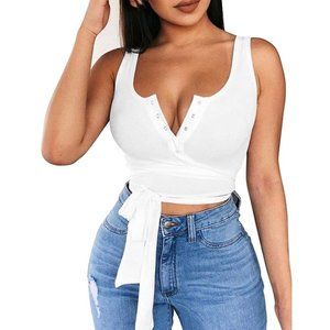 LAGSHIAN Women's Button Sleeveless Tank Strappy Basic Crop Top, Medium